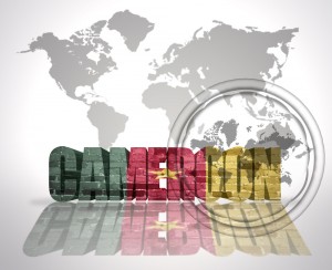 Word Cameroon on a world map background